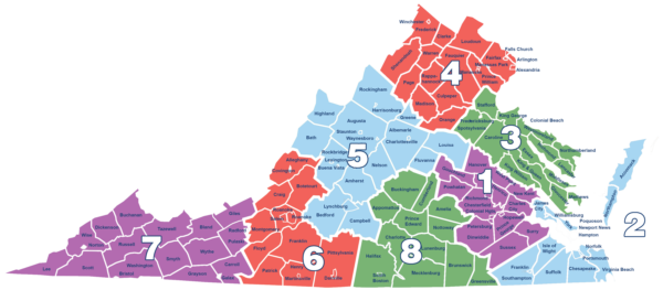 Mapa de 8 regiones de Virginia